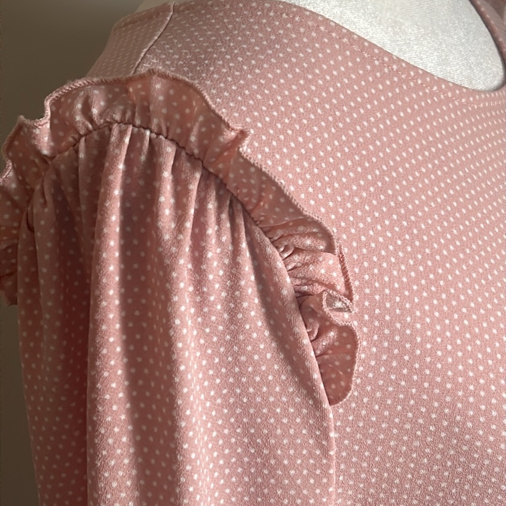 Adrianna Papell Feminine Long Sleeve Polka Dot Ruffled Shoulder Crewneck Blouse - Picture 6 of 7